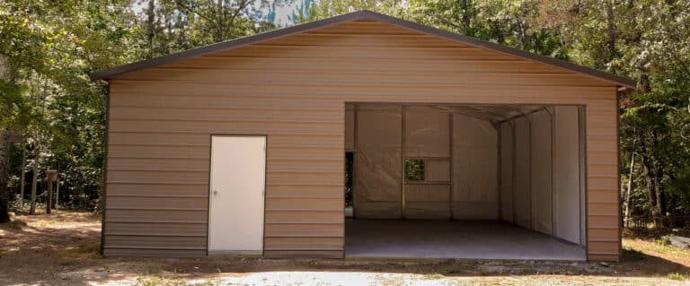 Brown enclosed carport, outside in the forest of Anderson SC.